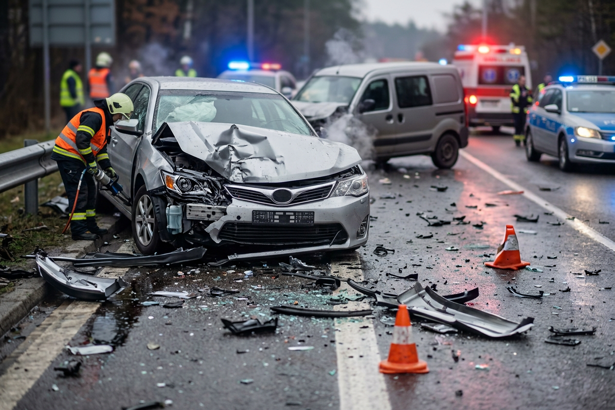 Emergency response after multi-vehicle collision Firefighter inspects a severely damaged car at a roadside crash scene